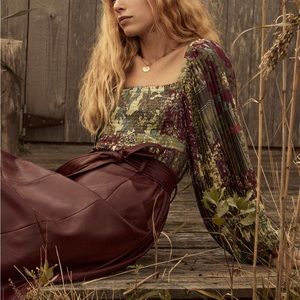 Anthropologie Outfit - Coralia Faux Leather Midi Skirt & Tara Smocked Blouse